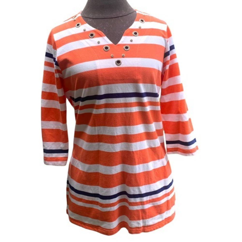 Quacker Factory Women Knit‎ 100% Cotton Striped V Neck 3/4 Sleeve T-Shirt Small